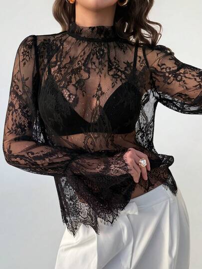 RiviMae Women's Sexy Lace Flare Sleeve Blouse, Stylish Beach Vacation Party Revealing Crop Top