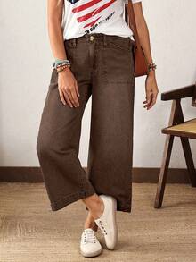 EMERY ROSE Plus Size Casual Vintage Washed Wide Leg Jeans - Coffee Brown - View 2