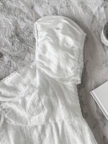 SHEIN Tween Girl Spring/Summer Casual Minimalist Versatile Jacquard Striped Collared Backless White Blouse - White - View 6