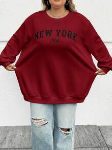 SHEIN CURVE+ 秋冬大码休闲宽松纽约图案圆领长袖女式运动衫 - 酒紅色 - 查看 3