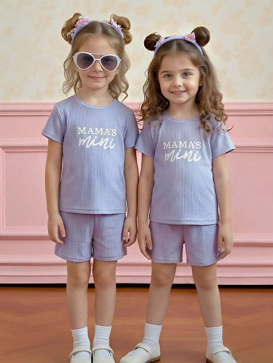 年輕女孩字母圖案短袖T恤和短褲 - 紫色 - 查看 1