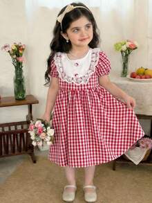 SHEIN Young Girl Young Girl Woven Plaid Round Neck Puff Sleeve Fitted Dress - Red - View 2