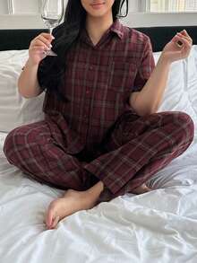 Dazy Plus 2pcs Casual Plaid Pajama Set, Loose Fit Short Sleeve Top And Straight Leg Pants, Spring/Summer Sleepwear - Red - View 3