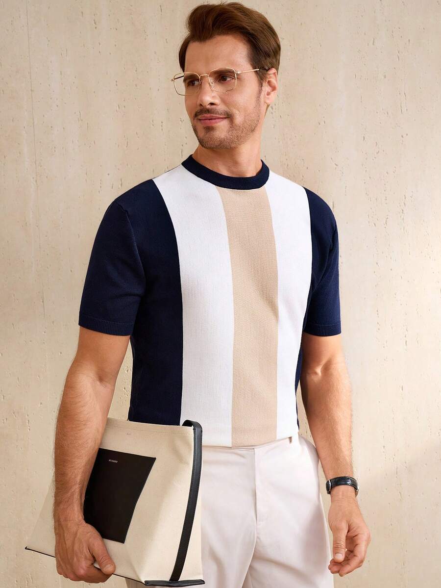 Manfinity CityGents Men's Striped Crew Neck Short Sleeve Casual Knit Top - Multicolor - View 1