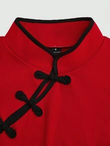 Olithes Women's Elegant Red Autumn Party Qipao Style Mini Dress,Chinese Cheongsam Button-Up Bodycon Cocktail Dress,Long Bell Sleeve Split Pan Buckle Design - Fiery Red - View 7