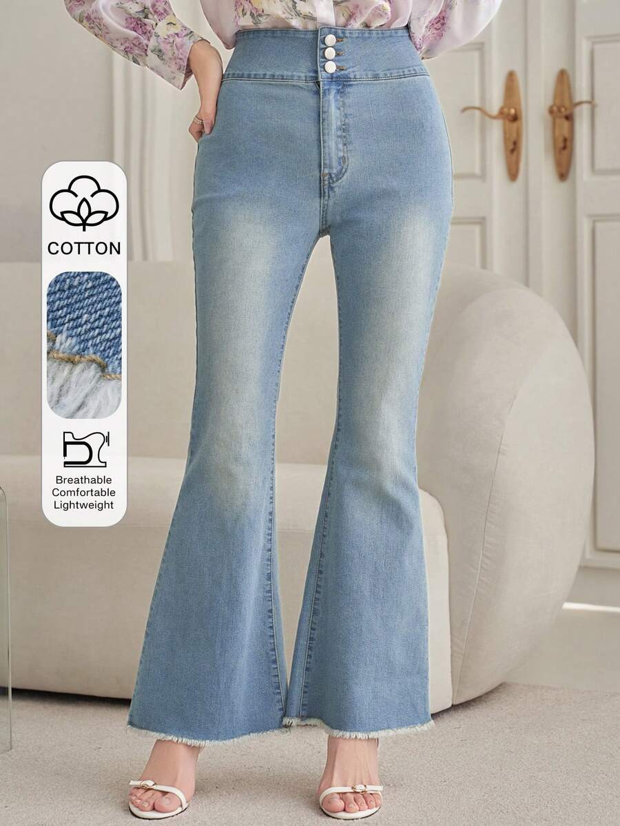 DAZY Women's Casual Washed Frayed Hem Flare Leg Jeans, Spring/Summer - Medium Wash - View 1