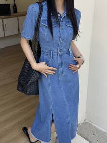DAZY Đầm sơ mi denim nữ kiểu dáng thường ngày, chất liệu denim bạc màu, có túi giả và đường xẻ tà, thích hợp cho mùa hè. - Rửa trung bình - Xem 11