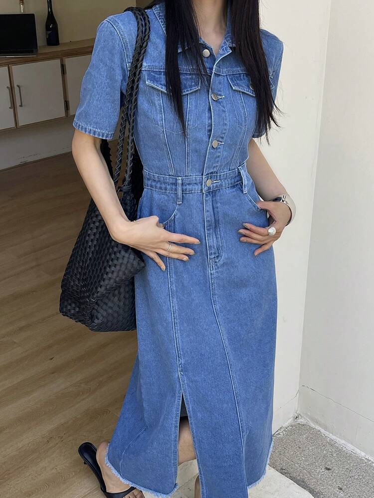 Women's Casual Washed Denim Shirt Dress With Faux Pockets And Slit, Summer