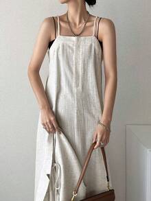 FRIFUL 女士西装外套和长款吊带裙两件套，款式时尚，夏季 - 卡其色 - 查看 5