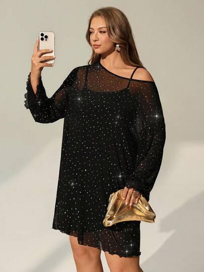 Auralis Plus Size Women's Summer See-Through Smock, Smock Dress, Summer Clothing, Black Smock, Summer Women's See-Through Clothing,Concert Outfits For Women Parkly Dress Rave Outfits Festival Concert Outfit Women/Chic, Modern, And Elegant Y2K Style: Bar/KTV Outfit/Music Festival/Concert Look - Sheer Round Neck Long-Sleeved Bell Sleeve Black Sequined Top/Dress