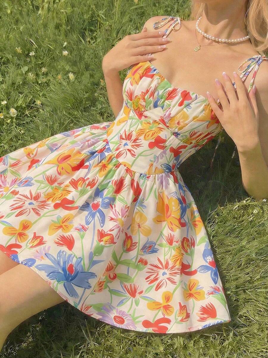 SHEIN MOD 女士碎花褶皱腰部吊带迷你连衣裙 - 彩色 - 查看 1