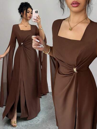 SHEIN Elenzya Women's Coffee-Colored Square Neck Asymmetric Waist Ruched Metal Buckle Split Sleeve Fitted Elegant Commuter Dress, Spring/Summer