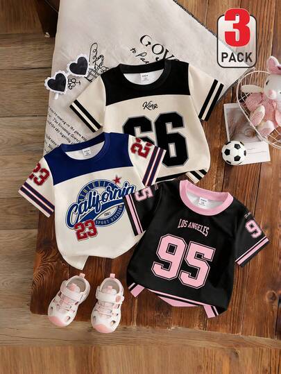 Set de 3 camisetas de manga corta con cuello redondo para niñas bebé con estampado numérico retro, estilo casual minimalista con gráficos 23, 95, 66, estampado de lazo, estilo deportivo, adecuado para verano, bebé e infante, 6M-3T