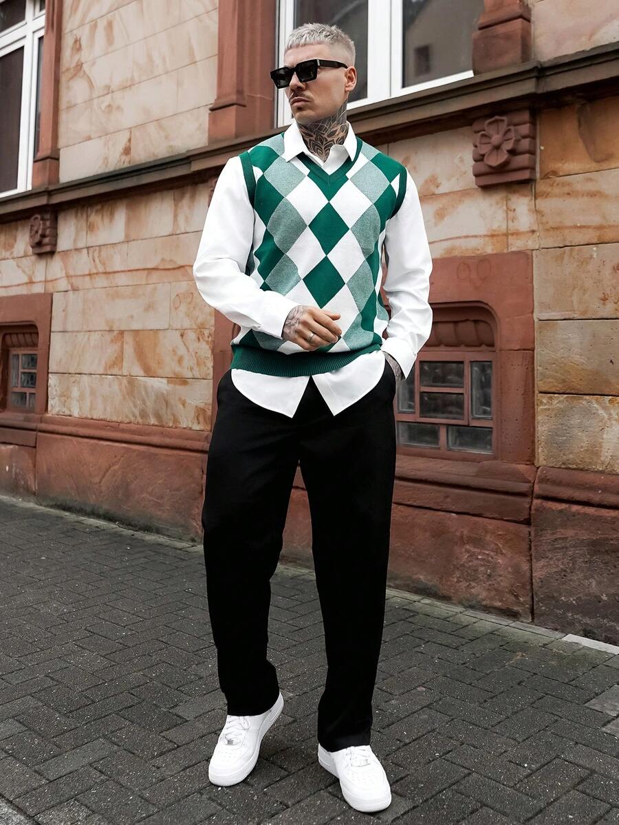 Artur Kramer HUODA 男士针织休闲撞色无袖毛衣背心 - 綠色 - 查看 1