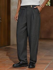 Business Casual AKNOTIC 男士人字纹斜插口袋休闲裤，适合圣诞派对、通勤、商务场合、送给男友的礼物、节日之选 - 深灰色 - 查看 3