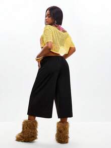 Coolane Women's Spring/Summer Streetwear Y2K Daily Wear Knit Grommet Eyelet Black Straight Leg Midi Wide Leg Sweatpants - Black - View 3