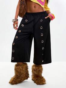 Coolane Women's Spring/Summer Streetwear Y2K Daily Wear Knit Grommet Eyelet Black Straight Leg Midi Wide Leg Sweatpants - Black - View 6