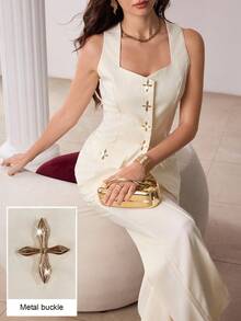 Modelyn Conjunto de traje casual de mujer con chaleco sin mangas con hebilla de metal minimalista y pantalones acampanados - Albaricoque - Ver 1