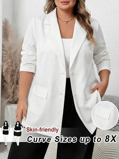 SHEIN CURVE+ Plus Size Women Solid Color Lapel NeckLong Sleeve Single-Breasted Casual Blazer