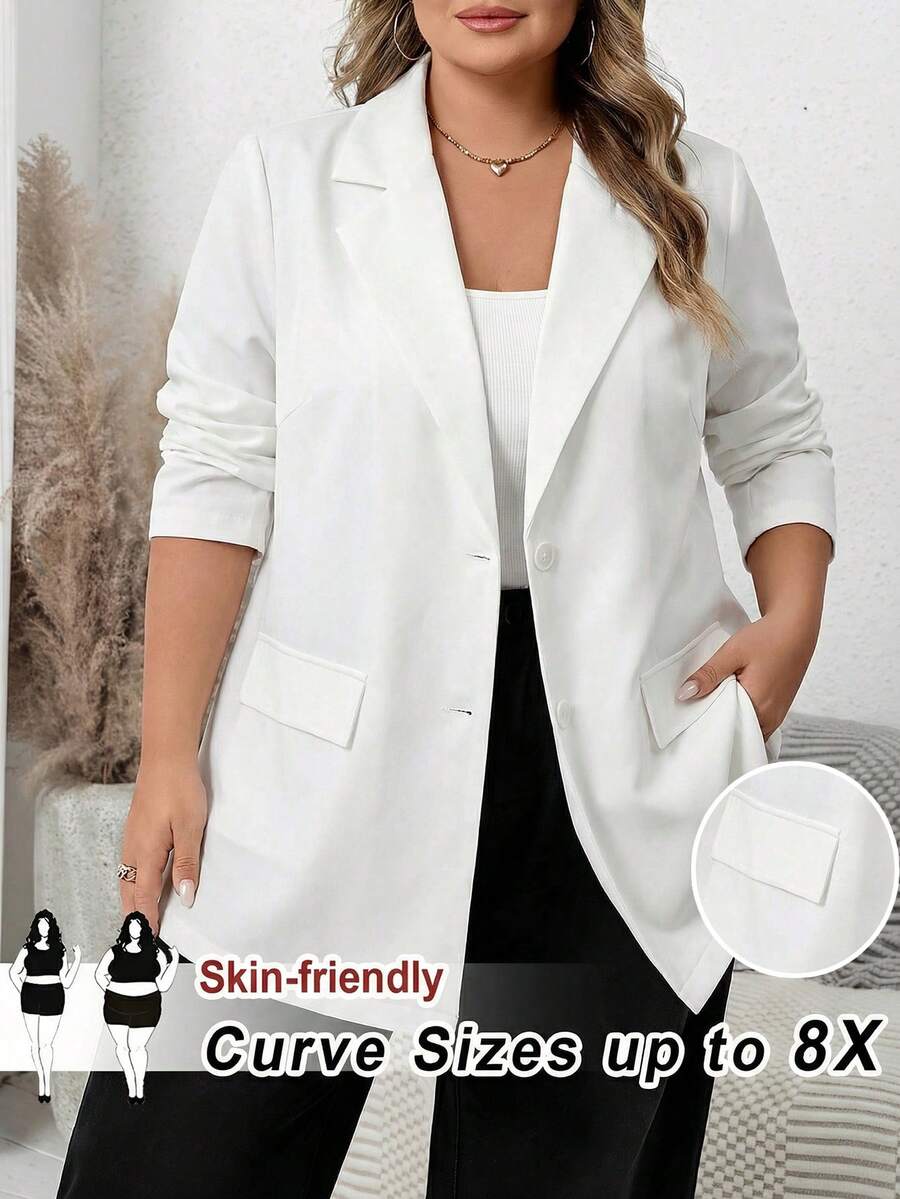 SHEIN CURVE+ Plus Size Women Solid Color Lapel NeckLong Sleeve Single-Breasted Casual Blazer - White - View 1