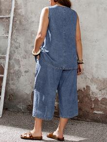 EMERY ROSE EMERY ROSE Ensemble 2 pièces top sans manches et jean large pour grandes tailles - Bleu azur - Voir 3