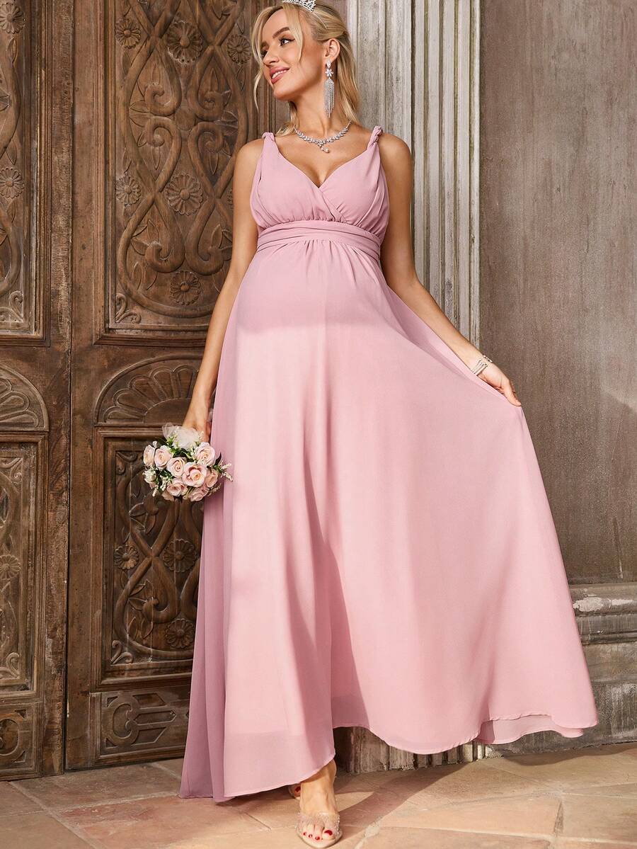 SHEIN Pink Summer Elegant Maternity Dress For Photoshoot,Pregnant Wedding Clothes,Solid Color Ruched Design Comfortable Camisole Dress - Pink - View 1