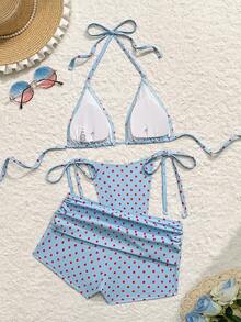Swim Vcay Summer New Beach Vacation Party Afternoon Tea Polka Dot Print Micro Triangle Side Tie Ruched 3 PiecesWomen Swimwear Set - Multicolor - View 3