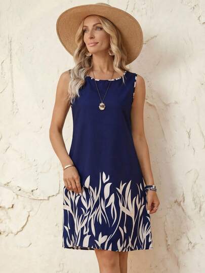 Faunlyn 女性植物印花拼接無袖連衣裙