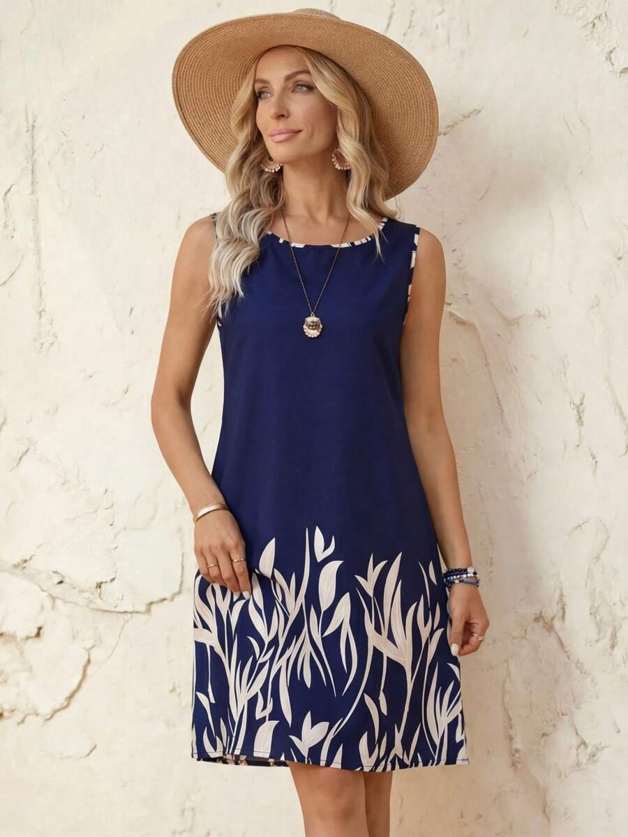 Faunlyn 女性植物印花拼接無袖連衣裙 - 彩色 - 查看 1