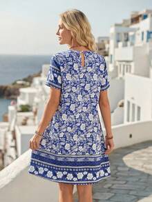 EMERY ROSE 後鎖孔印花連衣裙 - 藍白色 - 查看 2