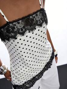 LYSMO 复古女士黑白波点撞色蕾丝不对称下摆时尚吊带背心优雅女士衬衫，夏季派对 - 彩色 - 查看 5