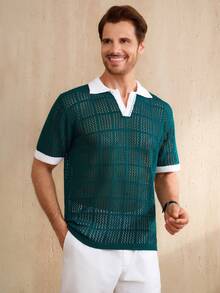 Manfinity CityGents Men's Summer Casual Vacation Contrast Trim Mesh Hollow Short Sleeve Knit Top - Green - View 5