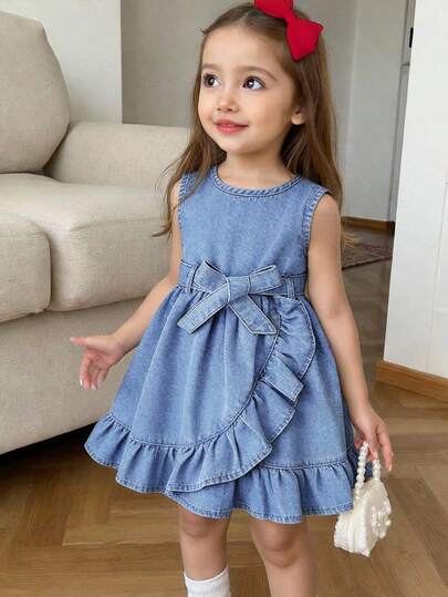 LMoss Kids Young Girl' Blue Denim Cap Sleeve Belted Dress,Summer Outfits,Casual And Fashionable Vacation Outfits,Street Wear,2000s Style ,Comfortable And Soft Denim,Comfortable And Soft Denim Shorts, Summer Denim Dress