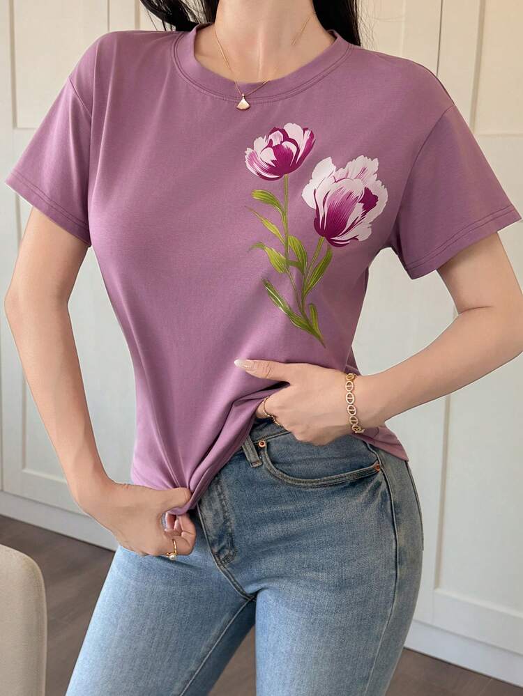 Women's Elegant Floral Print T-Shirt, Summer Graphic Tees Women