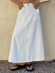 Livesso 女士休闲纯白色口袋牛仔迷你裙，春夏款 - 米色 - 查看 8