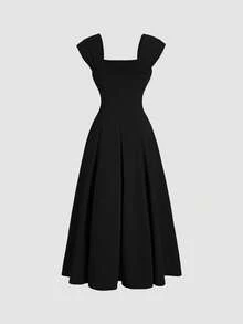 少女优雅无袖宽肩带腰部褶皱喇叭形黑色长款连衣裙，圣诞/新年派对礼服，女童正式礼服 - 黑色 - 查看 3