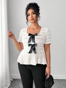 Elenzga Áo thun thời trang mùa xuân/hè kiểu Pháp lãng mạn cổ điển thanh lịch thường ngày với điểm nhấn nơ. - trắng - Xem 5