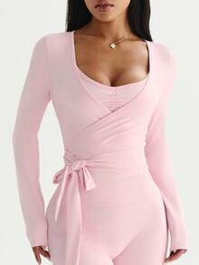 Velisys 2pcs Women's Activewear Crop Top, White & Pink Combo, Fitted Tie-Front Design, Long Sleeve, Versatile For Daily Casual, Running, Yoga, Gym, Tennis, Golf - Multicolor - View 4