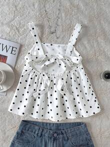 SHEIN Blusa casual para niña preadolescente con estampado de lunares, lazo decorativo en la espalda y bajo con volantes - Multicolor - Ver 4