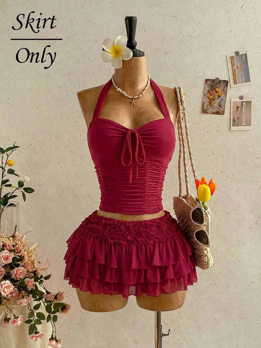 Soleia Chân váy xếp ly nhiều tầng bằng vải chiffon lãng mạn dành cho nữ, thích hợp cho kỳ nghỉ biển, dạo chơi, gợi cảm và hẹn hò vào mùa xuân/hè. - Màu Đỏ Sâu - Xem 1