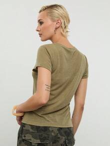COUREZ Short Sleeve Shrunken Sheer Henley Top/Y2K Spring Clothes For Women Green Tops Summer Tops Going Out Tops Spring Break Outfits Summer Outfits - Green - View 3