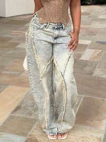 Alexandranx Women's Vintage Street Chic Distressed Frayed Hem Wide Leg Jeans - Medium Wash - View 6