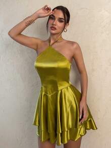 SHEIN Glamour 女士夏季露肩荷叶边修身休闲缎面沙滩连衣裙，吊带连衣裙 - 芥末黃 - 查看 4