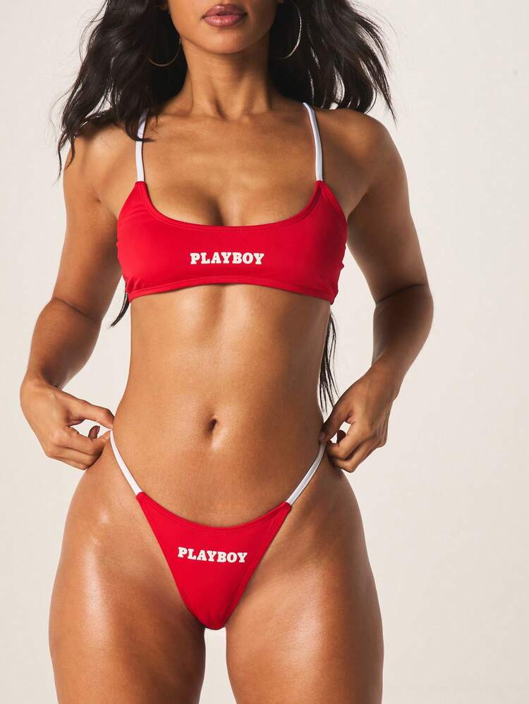 Missguided x Playboy Red Contrast White Strap Bikini Set Logo Print Two Piece Swimwear Beach Summer Vacation Triangle Top String Bottom High Rise