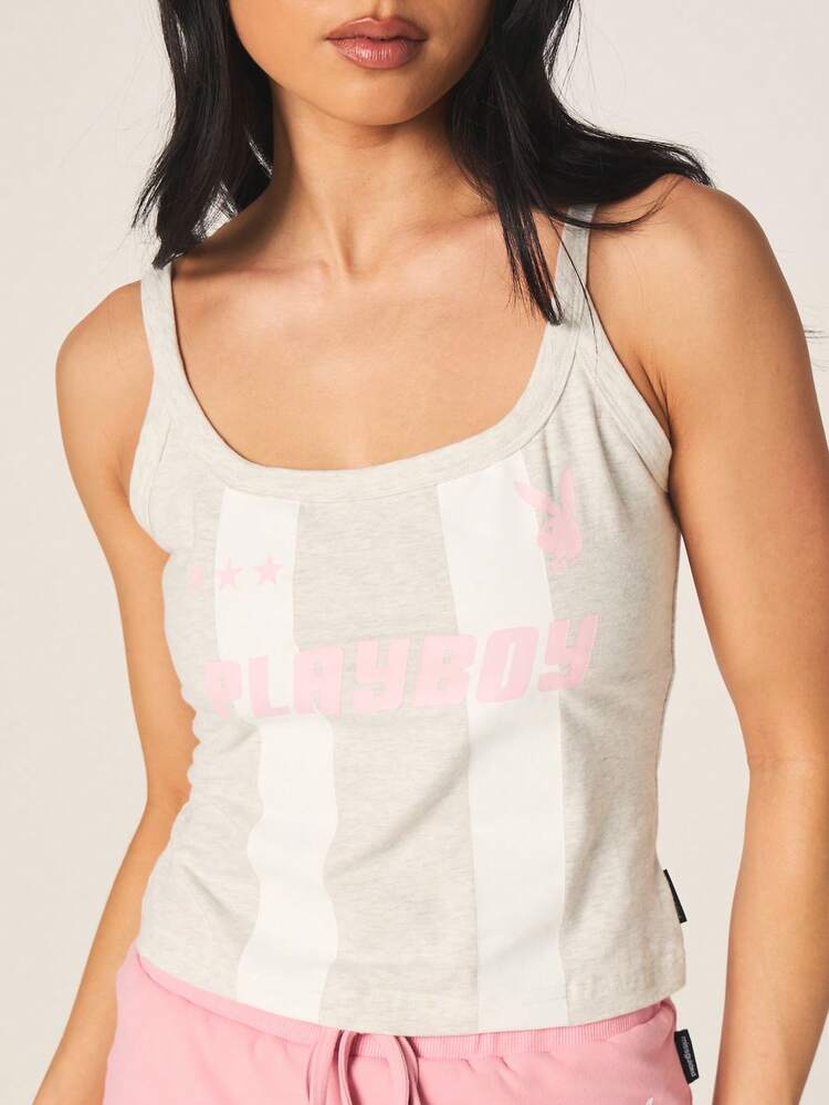 Missguided x Playboy Logo Graphic Fitted Cami Tank Top Scoop Neck Sleeveless Casual Summer Top
