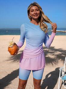 Swim Shayni Women's Ombre Ruched Long Sleeve Top And Shorts Tankini Swimsuit Set, Beach Vacation - Green - View 6