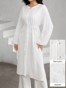 Graceveil 法式浪漫提花侧系带长袖优雅甜美开衫衬衫裙 - 白色 - 查看 10