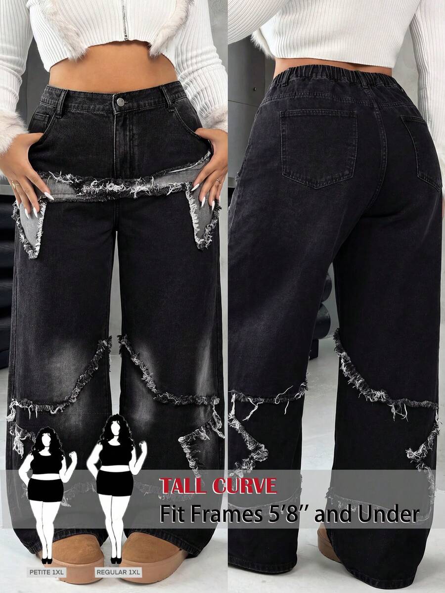 SHEIN PETITE CURVE 大码女式Y2K高腰阔腿牛仔裤，黑色做旧拼接毛边宽松牛仔裤，带口袋，完美搭配街头风和颓废风造型。大码休闲水洗毛边星形印花阔腿黑色牛仔裤。 - 黑色 - 查看 1