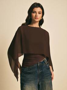 SHEIN PETITE CURVE Áo kiểu poncho tay dài xếp ly màu trơn dành cho nữ cỡ lớn - màu nâu - Xem 4