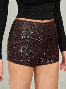 SHEIN Tall Women's Brown Sequin Shorts,Seductive Shiny Sparkly Burgundy Shorts,Summer Night Club Wear For Night Out,Christmas,New Year Party & Concert, Tall Women - Brown - View 6